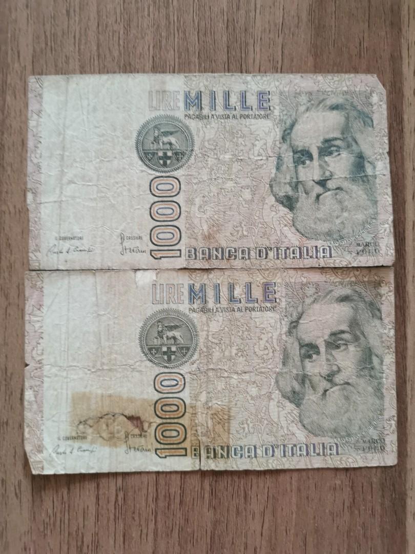 1982年意大利1000里拉兩張(包郵), 興趣及遊戲, 收藏品及紀念品, 錢幣- Carousell