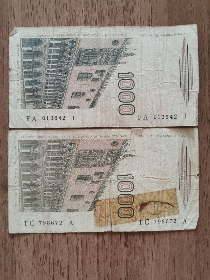 1982年意大利1000里拉兩張(包郵), 興趣及遊戲, 收藏品及紀念品, 錢幣- Carousell