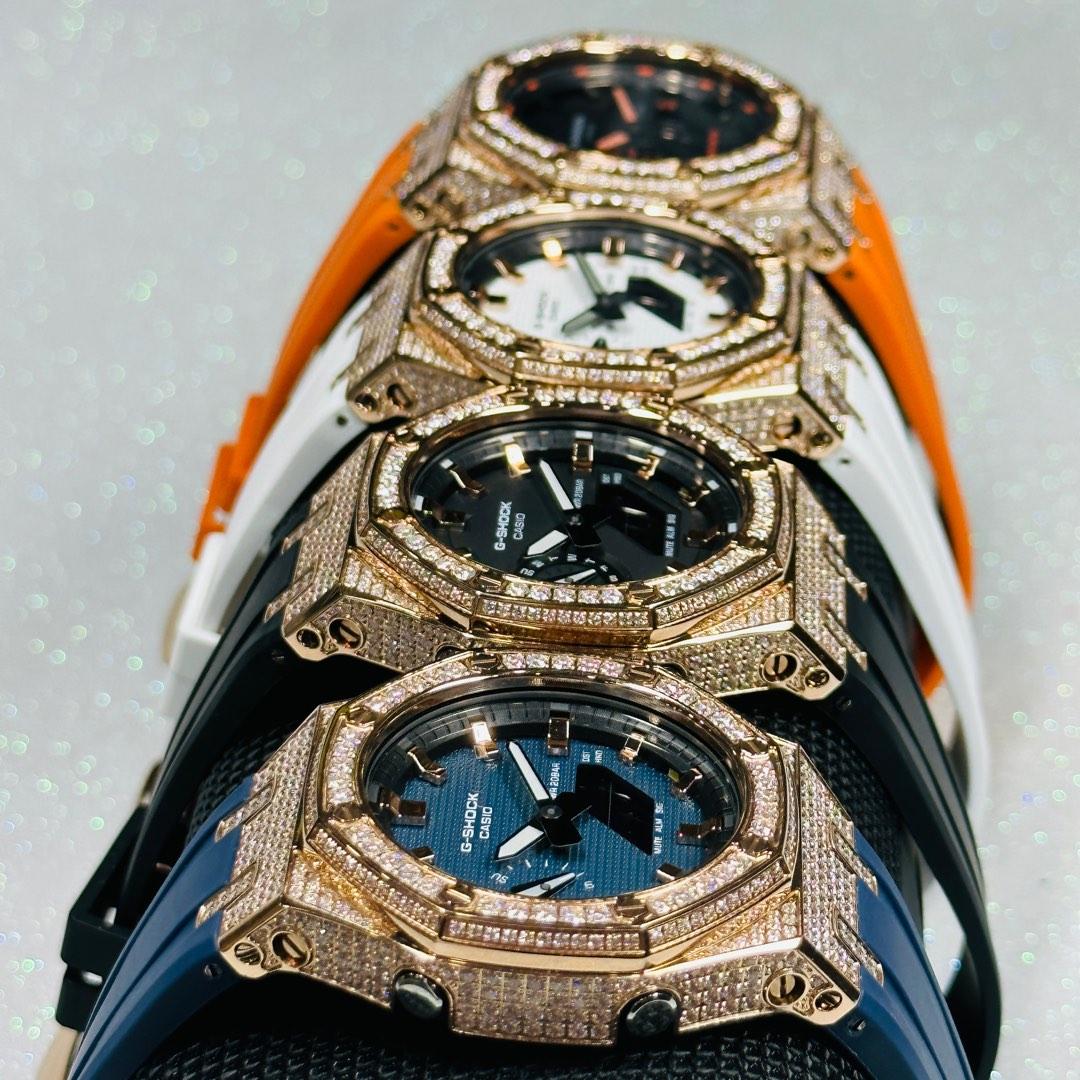 Authentic GA 2100 CasiOak in Rose Gold stainless steel bezel with 512 crystals and Glossy Rose Gold indexes metal gshock metal CasiOak bling
