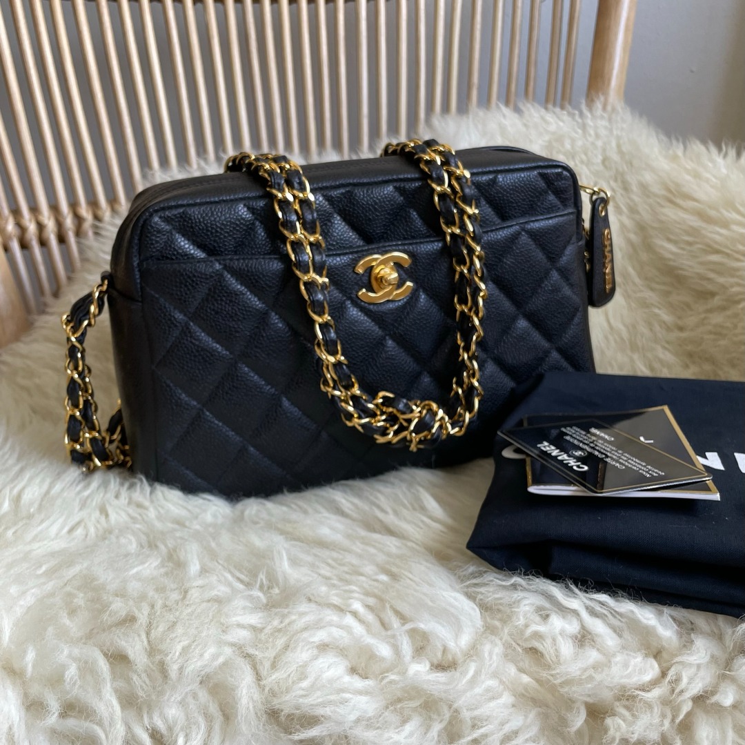 Chanel Black Caviar Knotted Double Chain Cross Body Camera Bag 24K