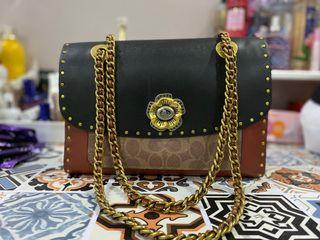 Coach - Parker With Rivets And Snakeskin Detail Shoulderbag / Handbag - Black Multi / Brass