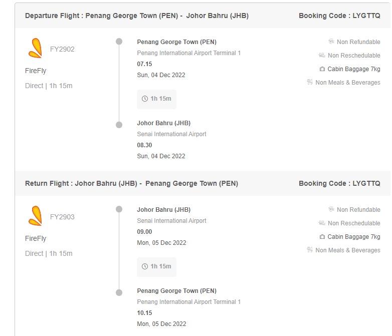 Flight Ticket Firefly Penang JB JB Penang 4Dec 5Dec 2022