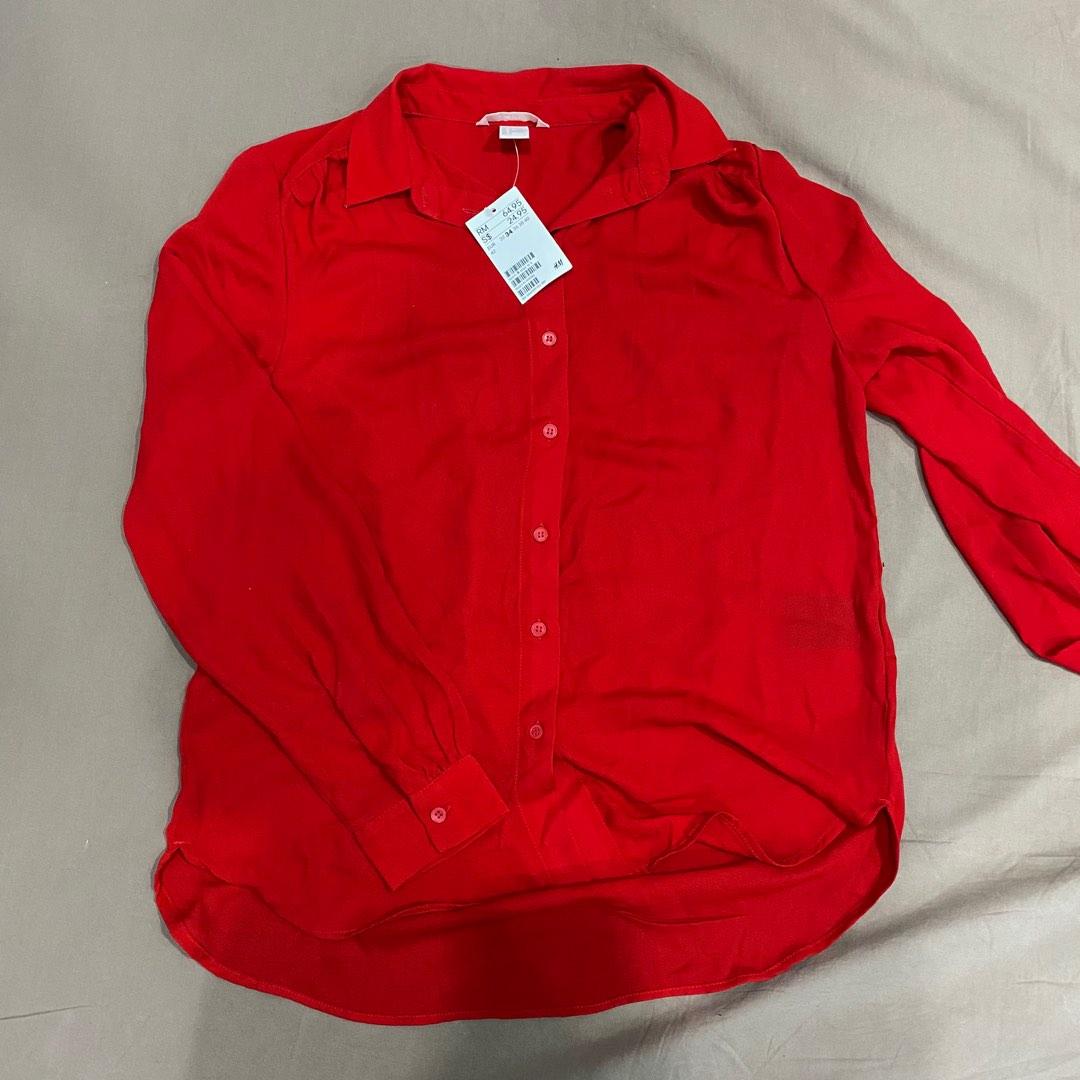 H M Red Sheer Long Sleeves Shirt Top Blouse