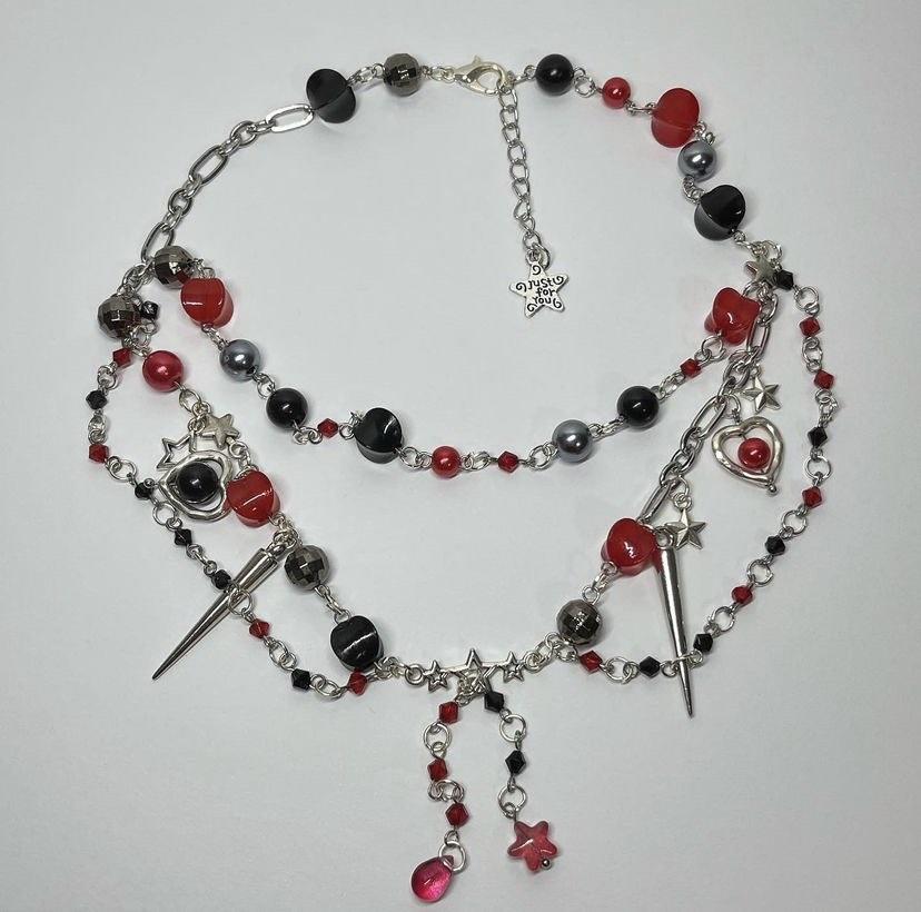 layered red and black beaded chain necklaces Women s Fashion