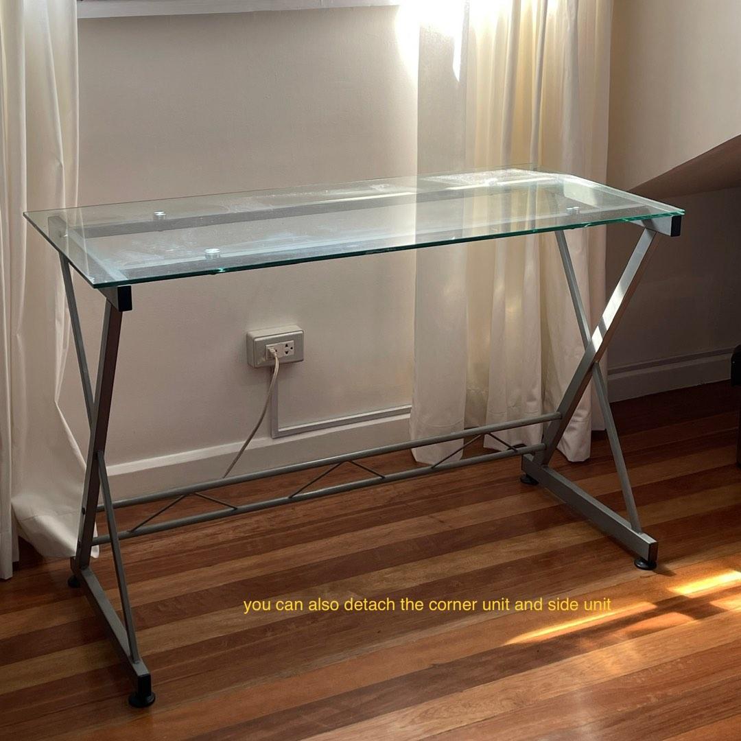 Lshaped Tempered Glass and Steel Table / Desk, Furniture & Home Living