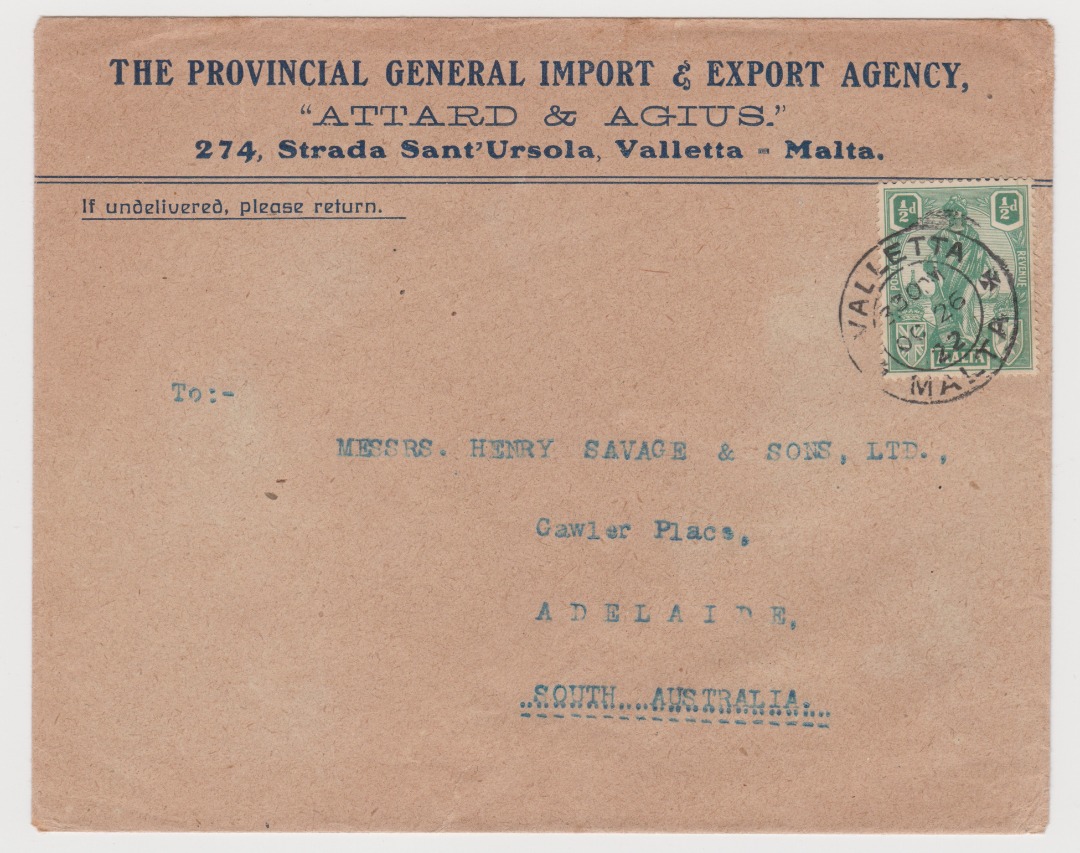 Malta mail to South Australia, 26 Oct 1922, clear postmark, Hobbies