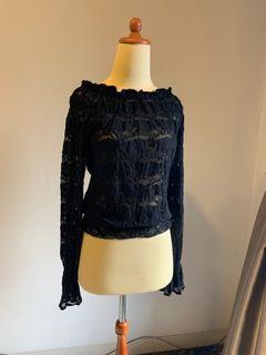 Mango Ruffle Black Top | Lace Blouse Hitam