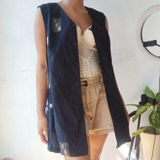 Navy Blue Long Vest with Patch Details