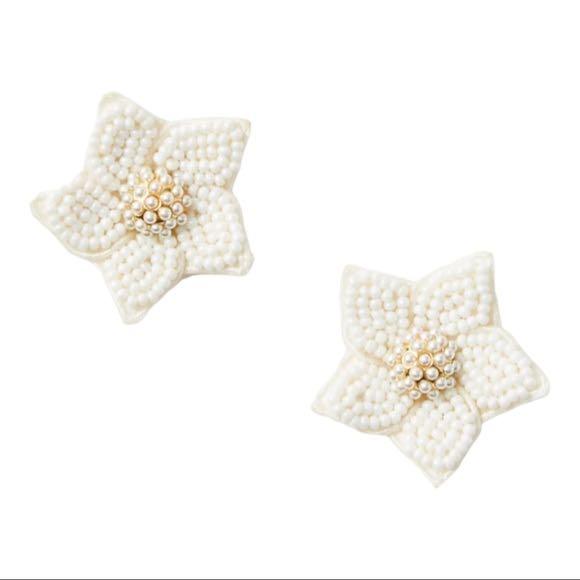 New Ann Taylor Beaded Flower Statement Earrings White Women s
