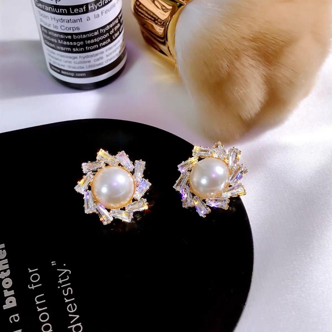 Pearl earrings zirconia earrings gold earrings formal earrings office earrings diamond earrings big ear studs big Pearl earrings
