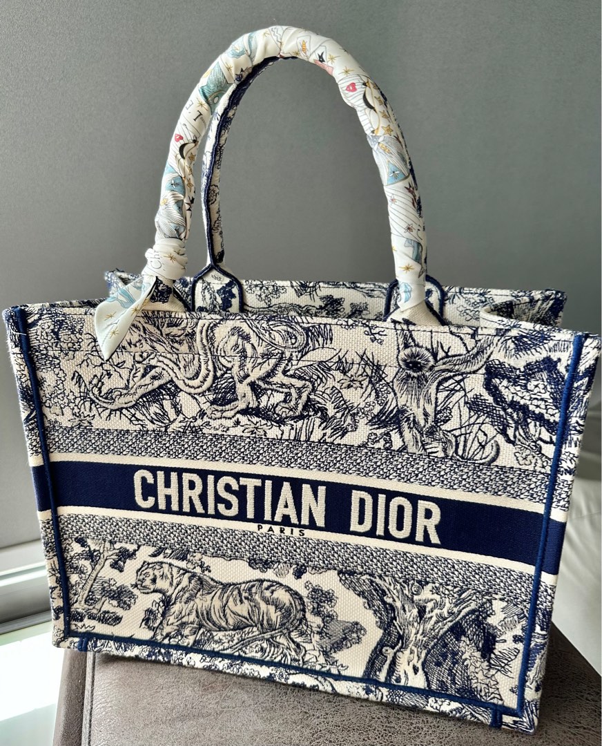 Small Dior Book Tote Blue and White Toile de Jouy Reverse Embroidery (26.5  x 21 x 14 cm)