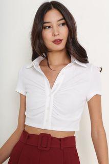 Supergurl Boa Button Down Ruched Top in White