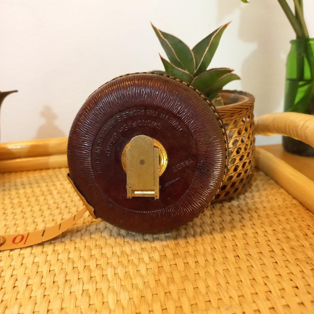 Vintage Swordfish brand leather brass cloth tape measure wind up