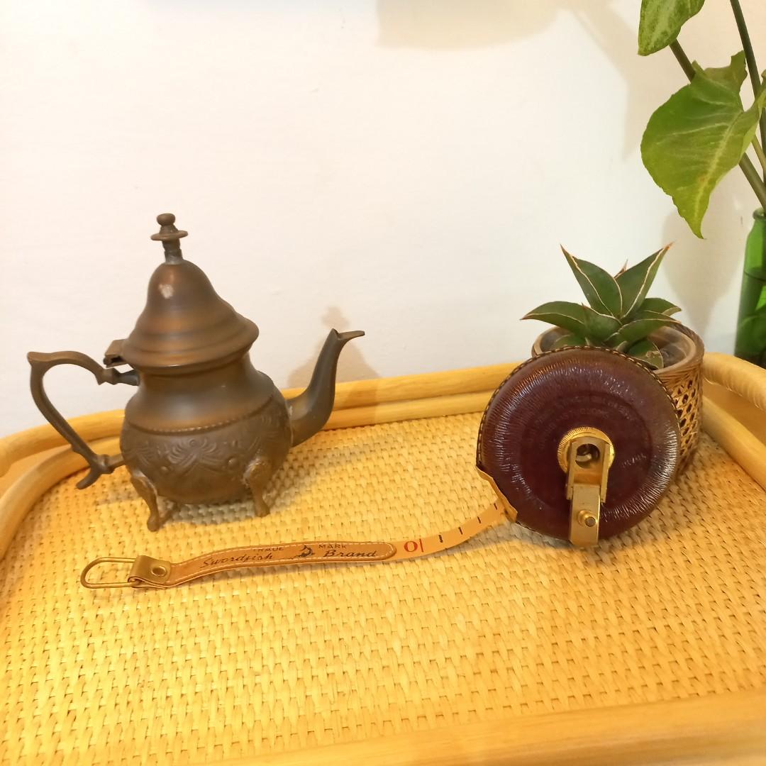 Vintage Swordfish brand leather brass cloth tape measure wind up