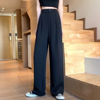 Women Korean Causal Long Pants Loose Wide Leg Plain High Waist