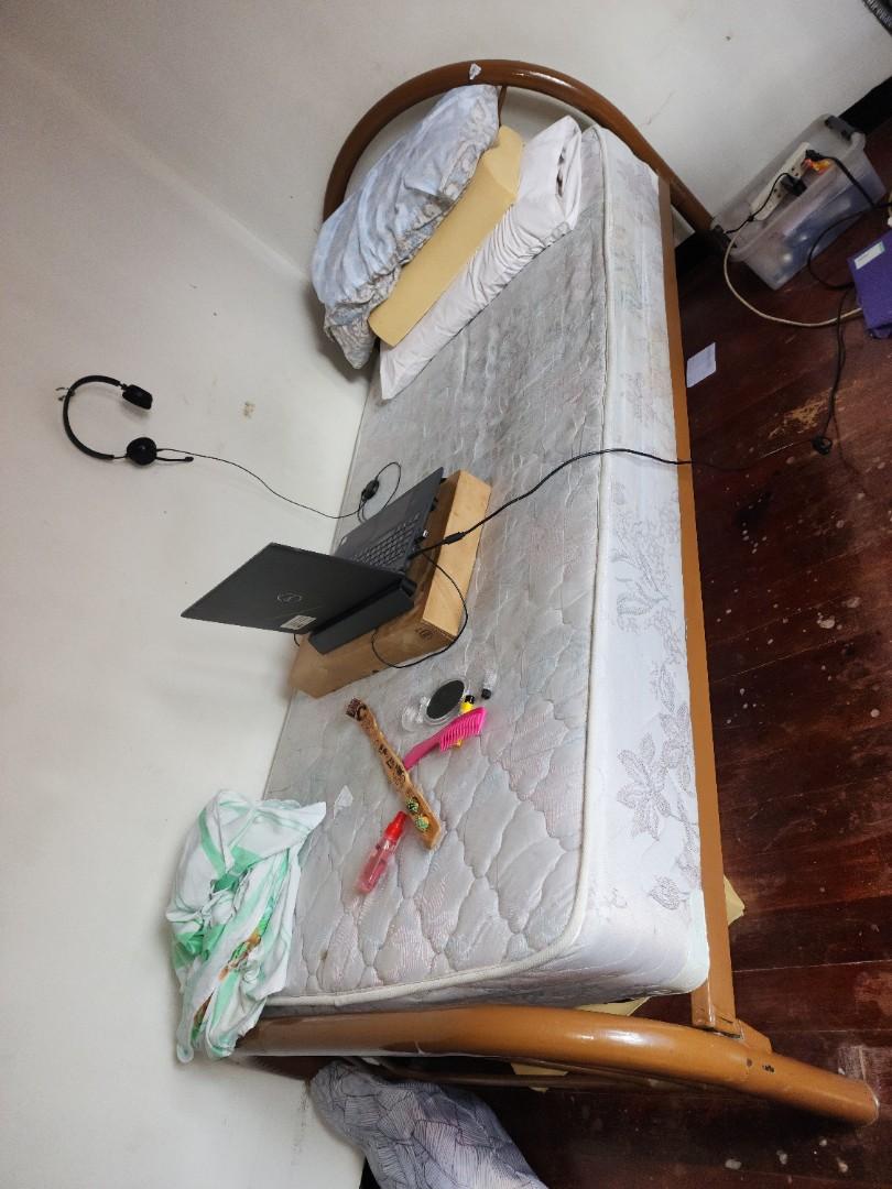 Bed frame and mattress 1200 only for 2 (Category: Bed Frames & Mattresses) located in Quezon City. Submitted by mischemo (Listing ID 1191135473, Image 3). Description: rfs moving home it includes the mattress.