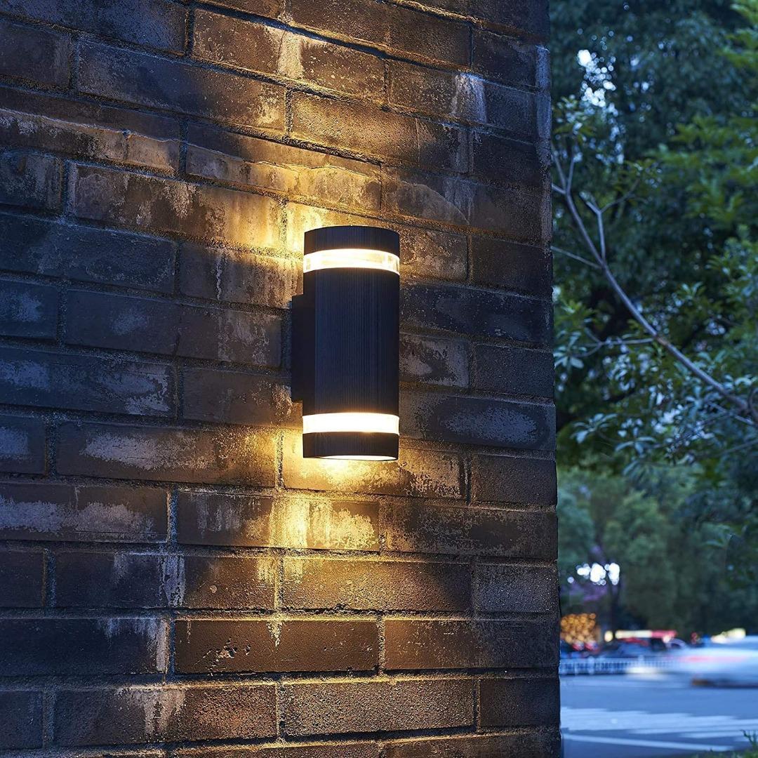 HLFVLITE Outdoor Wall Light, Aluminum Up  Down Outside Wall Lighting  Lantern, IP44 Waterproof Garden Lamp, Wall Mount Porch Light, Black  (Includes 5W 3200K Warm White Bulbs) [Energy Class A+],