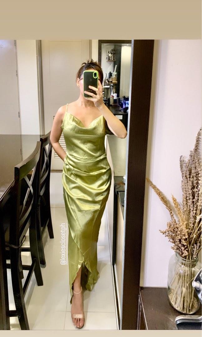 Silky Green Long Dress, Women's Fashion 
