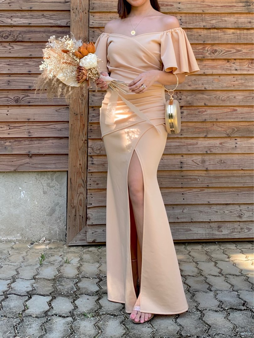Nude Long Gown, Women's Fashion, Dresses & Sets, Evening dresses