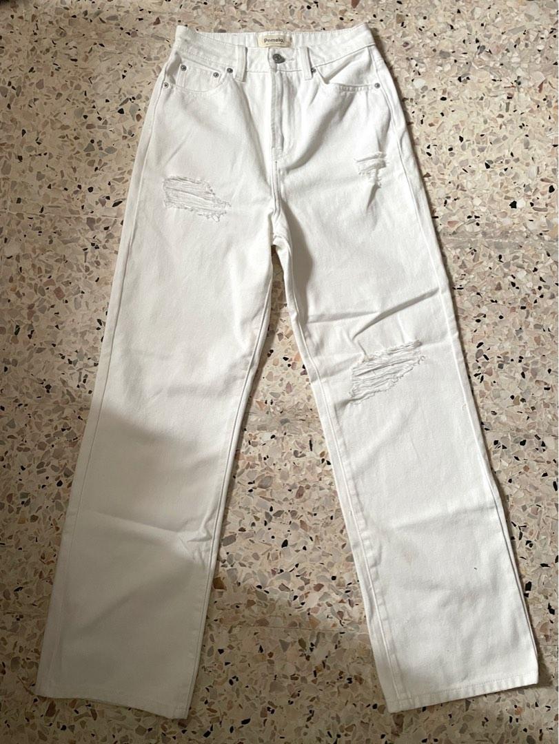 Pomelo white straight cut ripped jeans, Women's Fashion, Bottoms, Jeans
