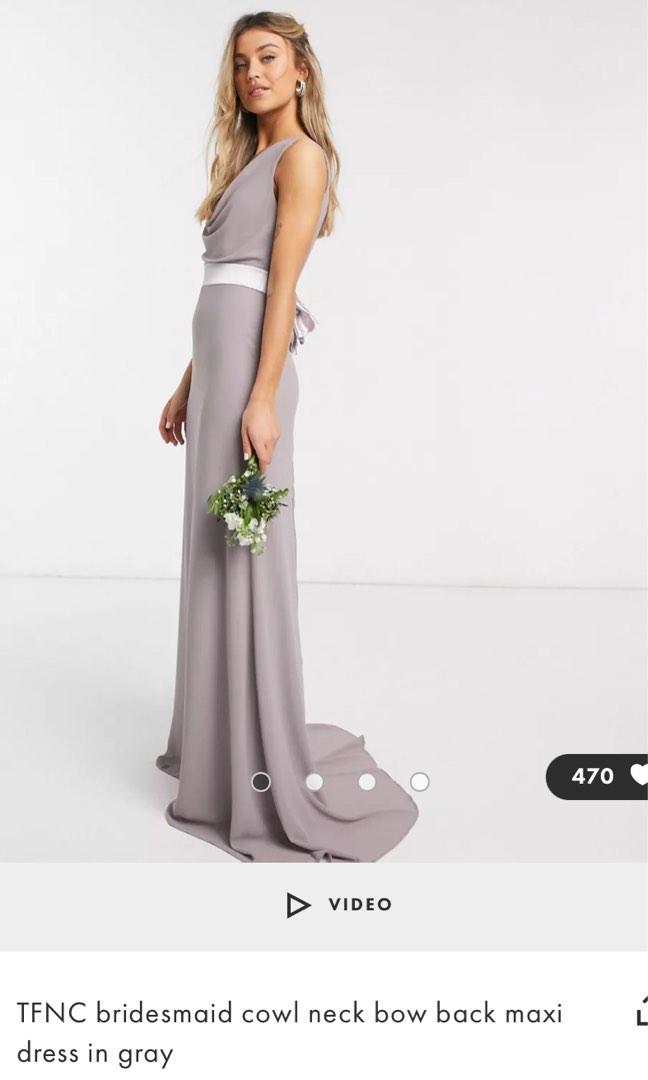 TFNC bridesmaid cowl neck bow back maxi dress in gray Women s