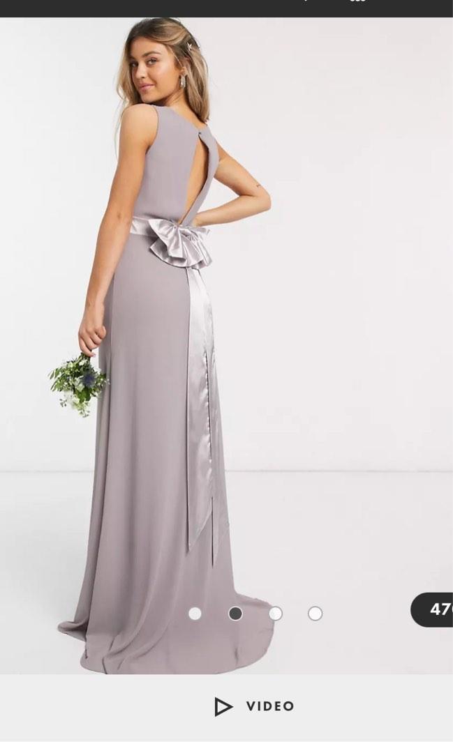TFNC bridesmaid cowl neck bow back maxi dress in gray, Women's