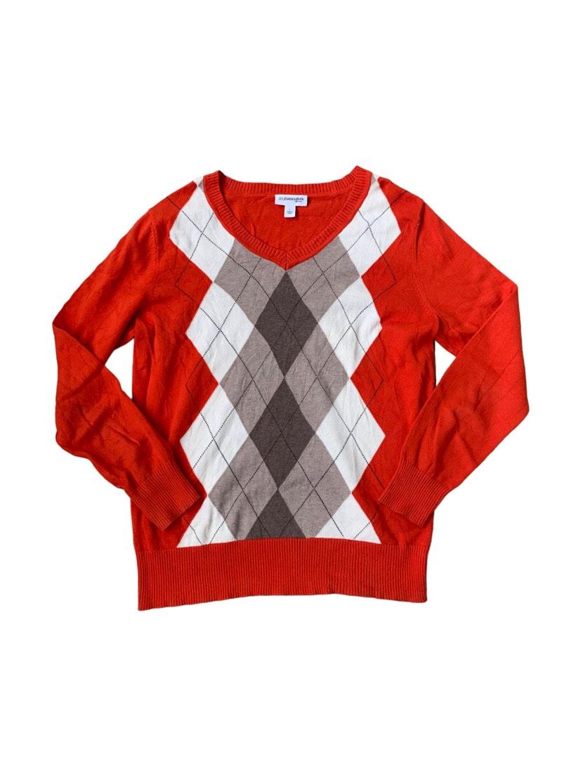 Vintage argyle plaid red sweater long sleeve knit Women s
