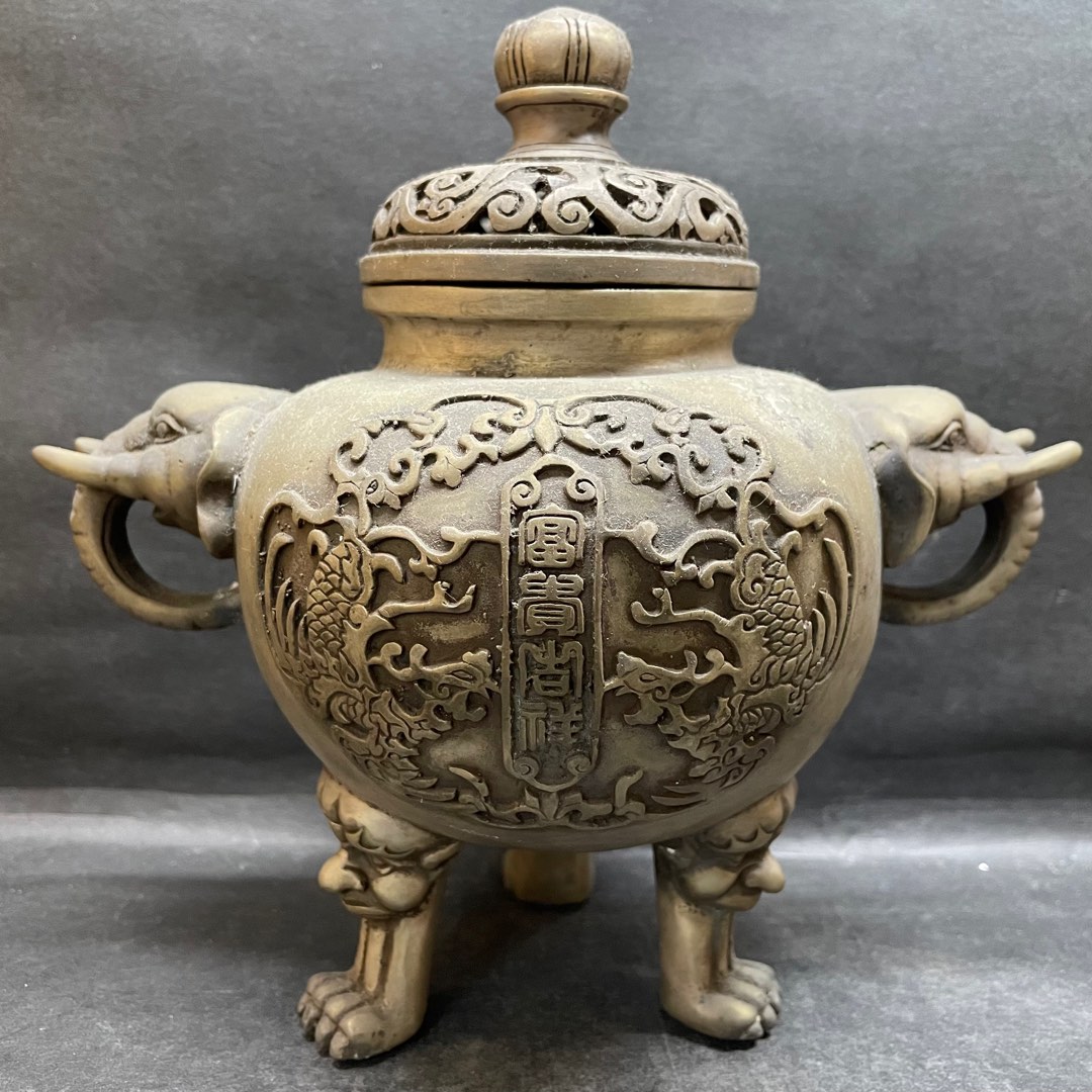 時代　唐銅　火鉢　獣面三足　骨董　アンティーク　瓶掛け　五徳付　茶道具 大人気新作 時代 唐銅 火鉢 獣面三足 骨董 アンティーク 瓶掛け