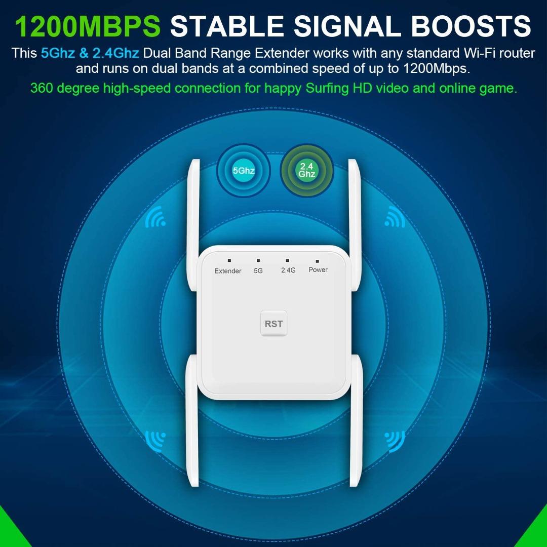 AC1200 Wifi Booster Range Extender 1200Mbps 5G+2.4G Dual Band WiFi