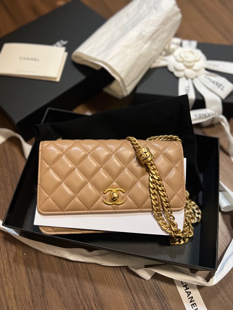 CHANEL Lambskin Quilted CC Pearl Crush Wallet on Chain WOC Beige