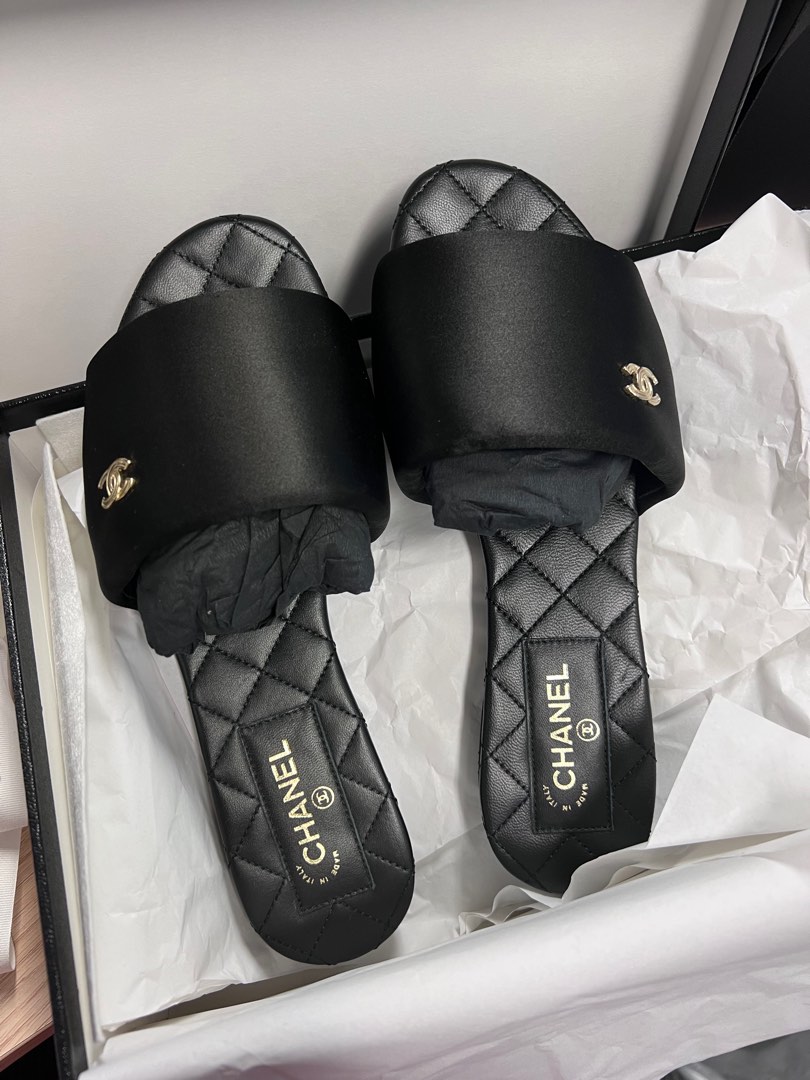 Chanel 22P Black satin slides 37c