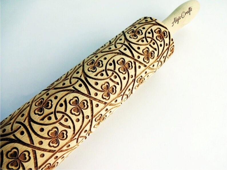 Embossed Wood Rolling Pin CLOVER design made in Lithuania (Category: Bakeware) located in Paranaque City. Submitted by paw_prints9 (Listing ID 1191469666, Image 1). Description: A unique and beautiful gift for any occasion: birthdays, house-warming, Christmas, Mother’s Day. Design: Clover knot, a Celtic design Baking cookies, shortbread or pies with an embossed rolling pin can be a fun, especially for kids! It can also be used to emboss pottery. 