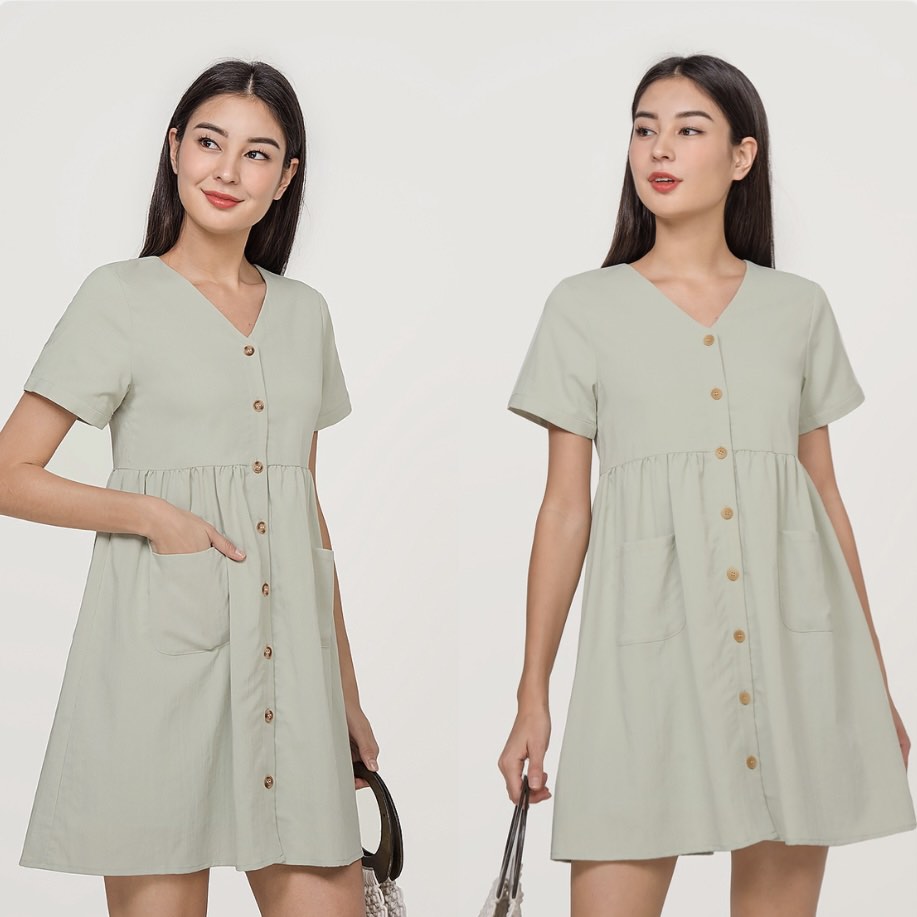 (Pending) FAYTH Lela Button Down Babydoll Dress in Sage Green, Women's