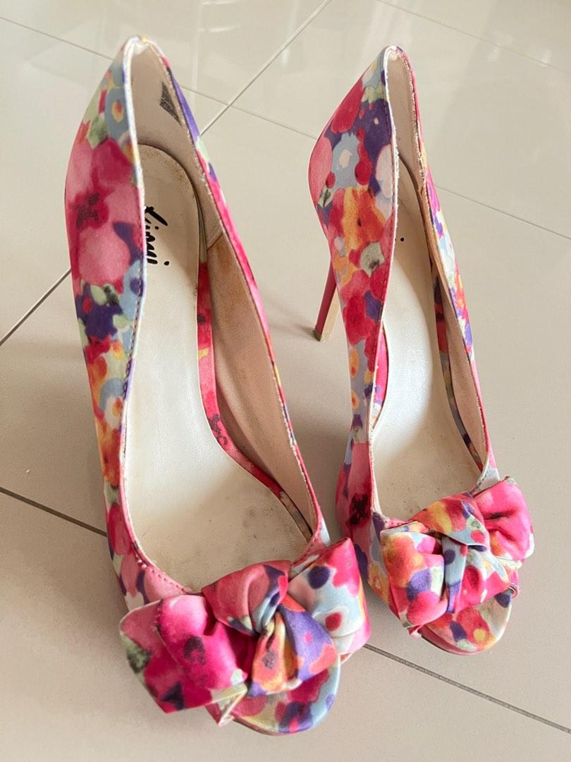 Fuschia Pink and Lilac Floral Heels with ribbon Women s Fashion