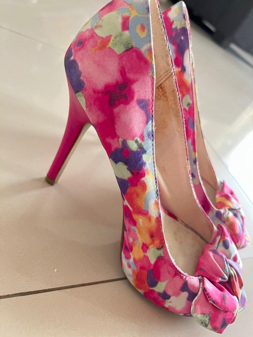 Fuschia Pink and Lilac Floral Heels with ribbon Women s Fashion