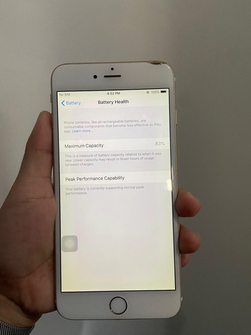 Iphone 6plus (Category: iPhone 6 Series) located in Makati City. Submitted by thriftstorebyec (Listing ID 1191292803, Image 2). Description: Iphone 6plus 64gb 83% battery health issue: hindi mabasa sim, padala lang from our relative abroad and may maliit na bangas sa harap, pls refer to pic .
