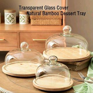 Nordic Style Transparent Glass Cover Dessert Fruit Cake Lead-free Glass Cover Bamboo Wood Round Tray Stand