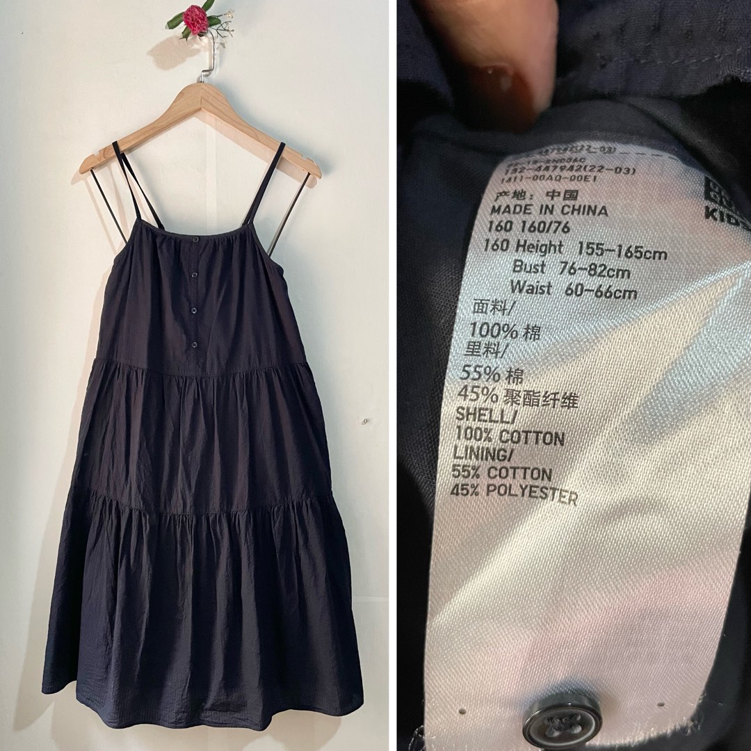 Uniqlo Navy blue linen tiered babydoll slip dress, Women's Fashion, Dresses & Sets, Dresses on