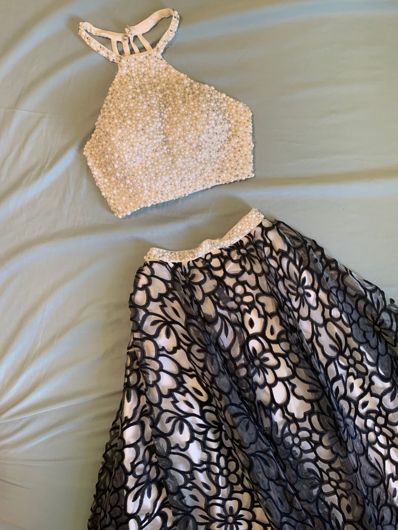 2 piece long gown black and white, Women's Fashion, Dresses & Sets ...