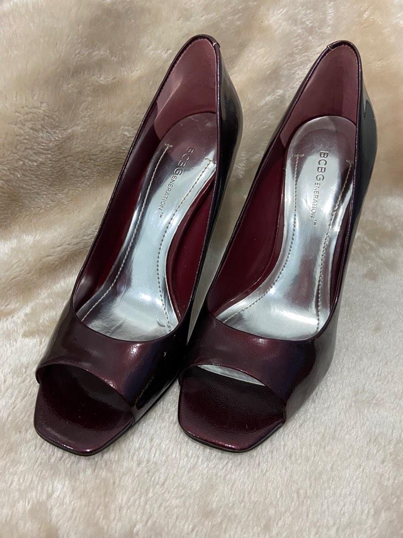 BCBG Generation heels (Category: Heels) located in Silang. Submitted by fashionprelovedbyces (Listing ID 1191663052, Image 1). Description: BG Ariel Patent Leather burgundy Open toe pumps Size 7 Pre-owned Slight sign of Normal wear Exterior leather & outsole is in excellent condition .