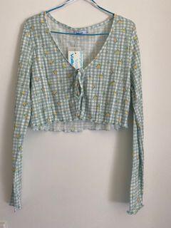 green checkered long sleeve tie top Size S-M