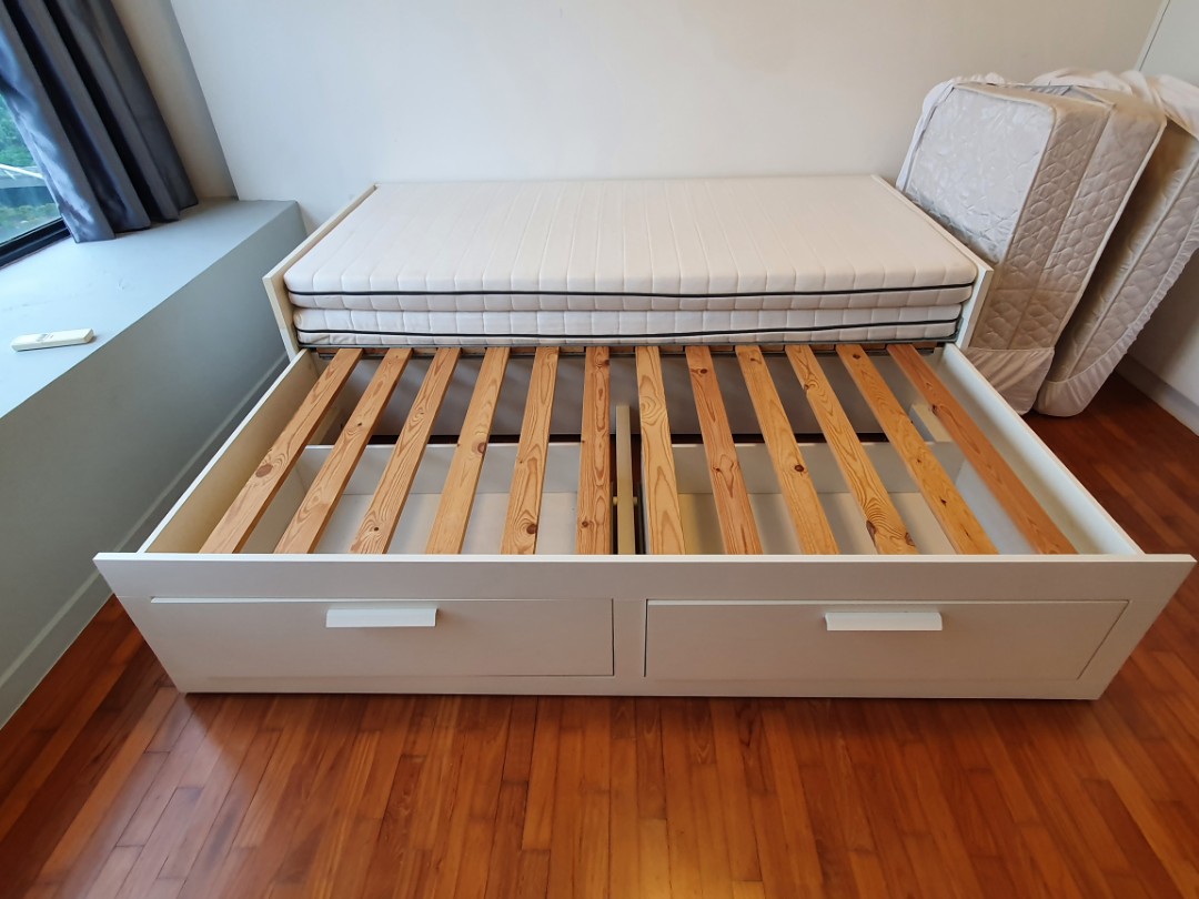 IKEA Brimnes singleking extendable day bed frame with 2 mattresses