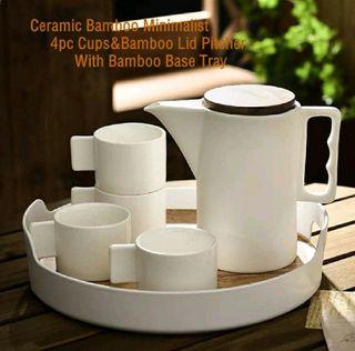 Nordic Minimalist Kettle Set Ceramic 4pc Cups Bamboo Lid Pitcher Jug Bamboo Base Tray