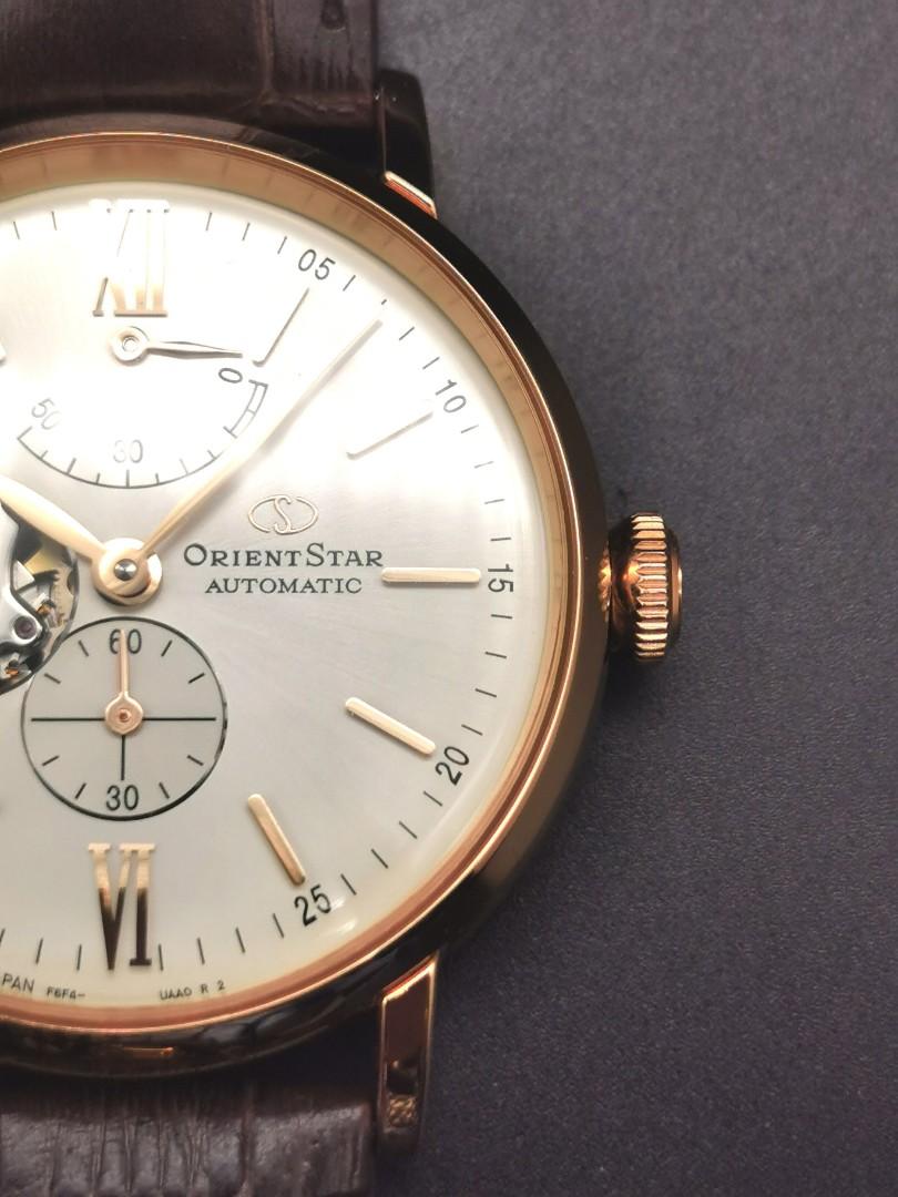 Orient Automatic （分類：手錶）位於 Hong Kong。 由 no.7watch 提交（商品編號 1191523153，圖片 2）。簡介： ORIENT STAR Semi Skeleton Automatic RE-AV0001S00B 玫瑰金色調不銹鋼錶殼 真皮皮錶帶 日本自動機芯～F6F42 礦物水晶玻璃錶面 香檳色錶盤 動力儲備顯示 透視底蓋 蝴蝶型帶扣表扣 50M防水 近似錶殼直徑：40mm 近似錶殼厚度：13mm 有原裝盒說明書吊牌及收據一年保用 荔枝角或佐敦交收有門市 現金價 HKD2998😎 有意者請 whatsapp or signal 9669 9429查詢 Welcome wholesale & retail。