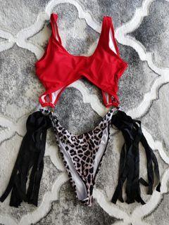 Red and leopard monokini bikini