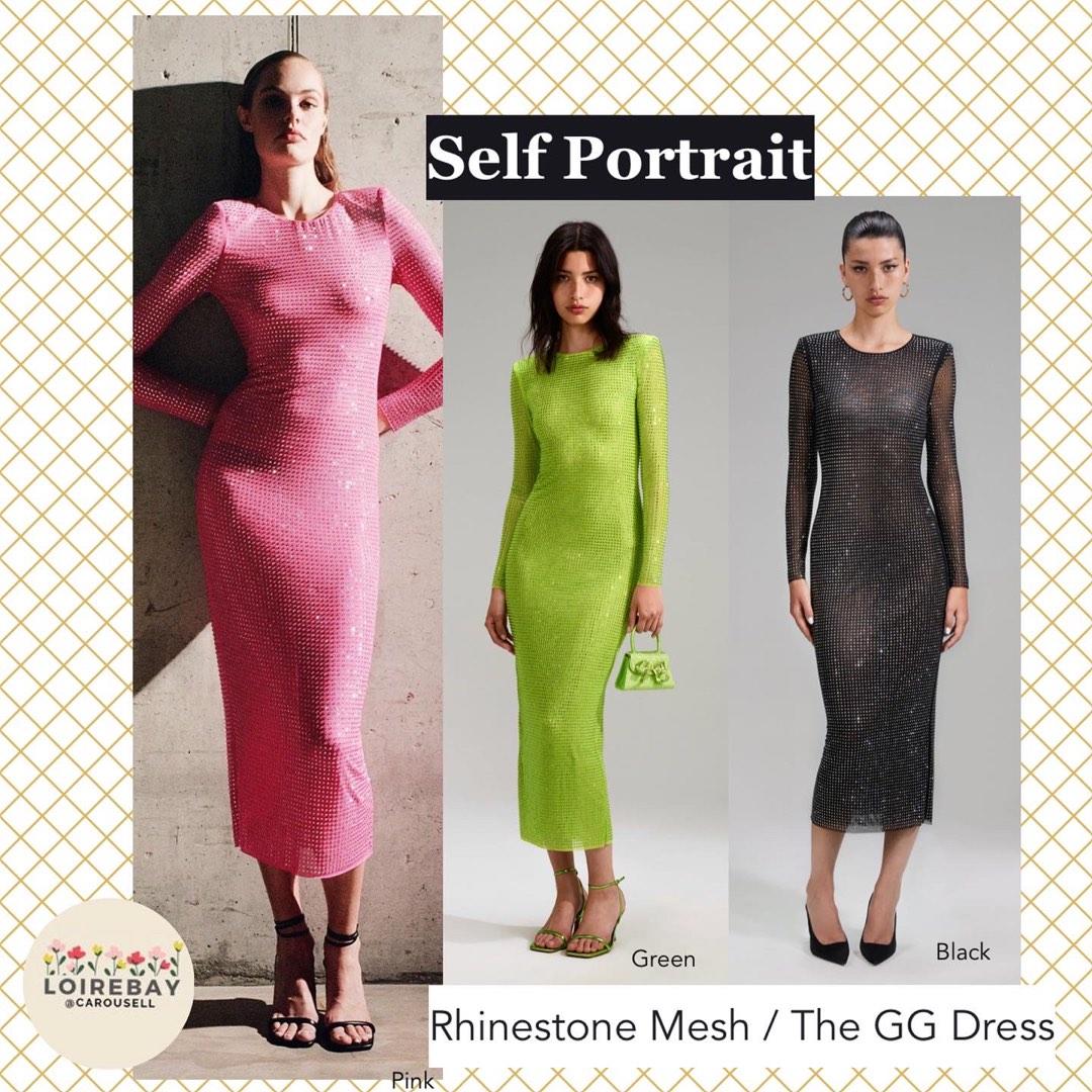 Self Portrait the GG/ Rhinestone Mesh Embellished Midi Dress, pink, black,  green, Women's Fashion, Dresses & Sets, Dresses on Carousell