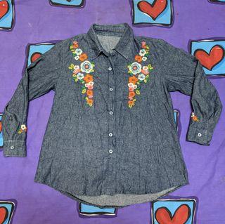Vintage Chambray flowers embroidery long sleeve shirt