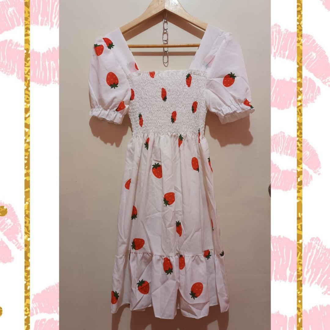 White Smocking Dress -strawberry, Women 