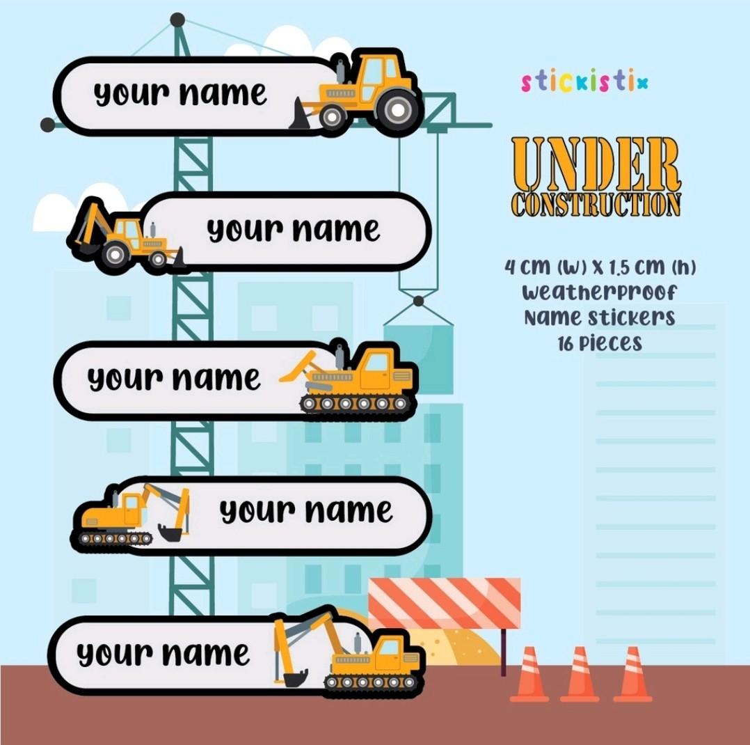 16-pieces-construction-vehicles-custom-name-stickers-school-hobbies-toys-stationery-craft-art-prints-on-carousell