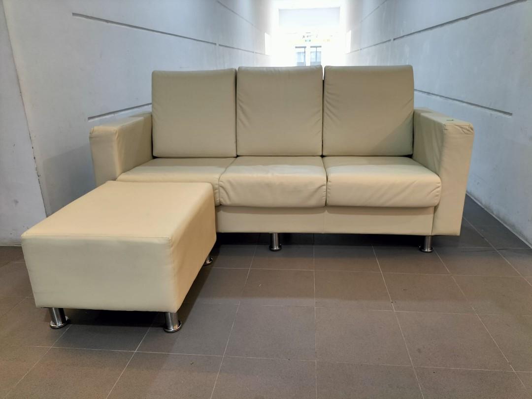 AGUSTA II 3 Seater Sofa in CREAM WHITE PU with Ottoman, Furniture